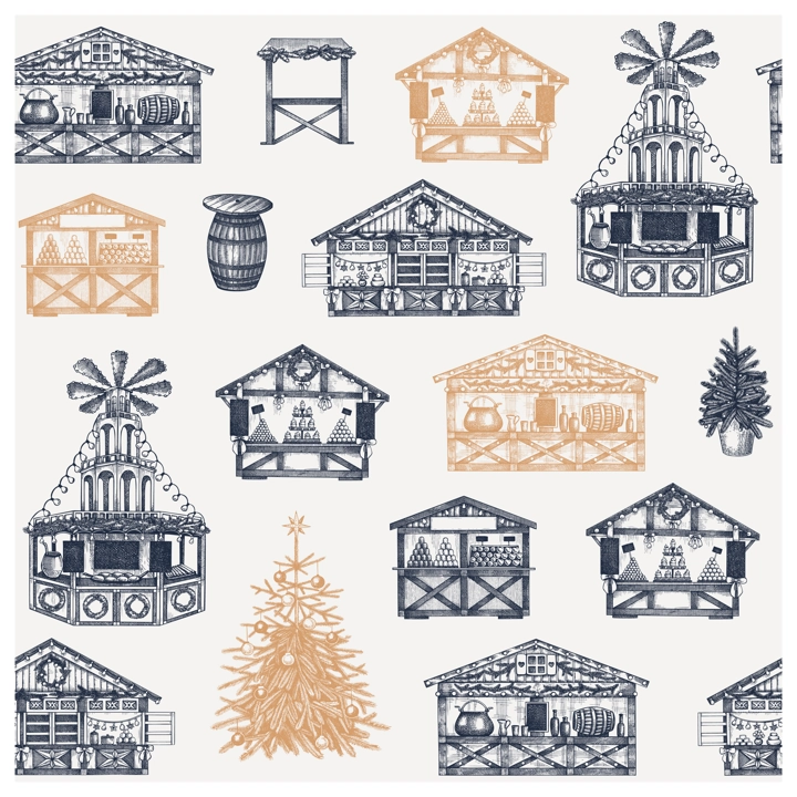 Christmas market stalls background. Hand drawn vector illustration. Winter holiday seamless pattern. Wooden kiosk, Christmas tree, candy shop, bakery, fast food, mulled wine sketches
